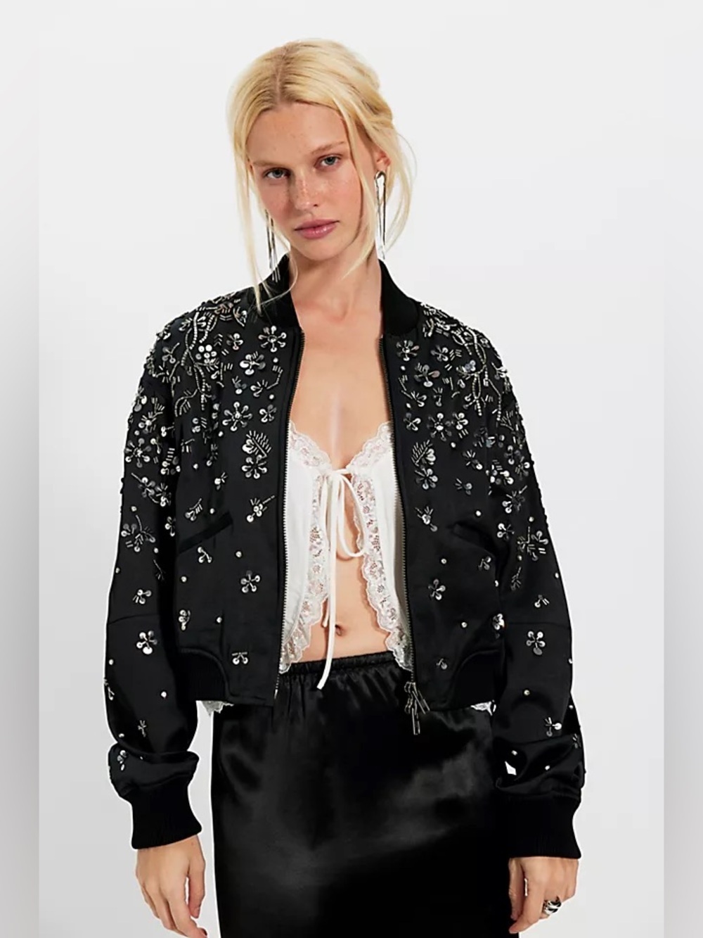 Free People Stassi Embellished Bomber jacket Black Silver Beaded Sequins XS NWT - Picture 2 of 11